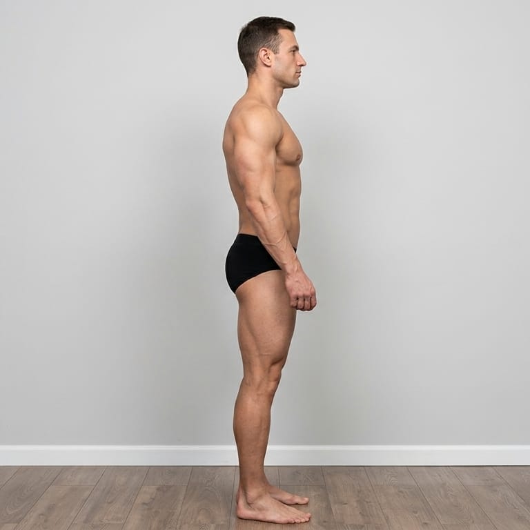 Example side photo: person turned 90 degrees, arms at sides, plain background